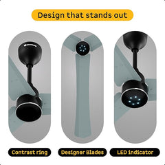 Atomberg Renesa Halo smart fan banner highlighting design details: a contrast ring, designer misty teal blades, and a circular LED indicator.