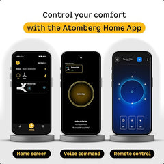 Atomberg Home App interface preview showing smart ceiling fan controls for home screen navigation, voice commands, and digital remote control.