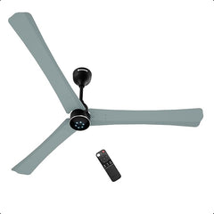 Atomberg Renesa Halo smart BLDC ceiling fan in misty teal with black motor housing, integrated LED speed indicators, and wireless remote control.