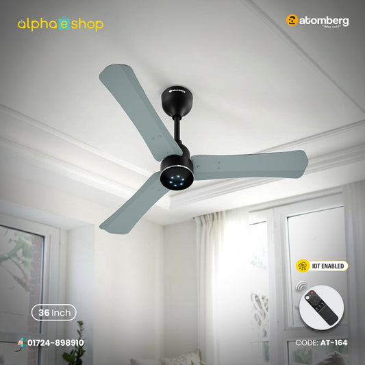 Atomberg Renesa Halo Smart 900mm BLDC ceiling fan in misty teal with remote, IoT enabled and LED indicators, from file AT-164_F.jpg.