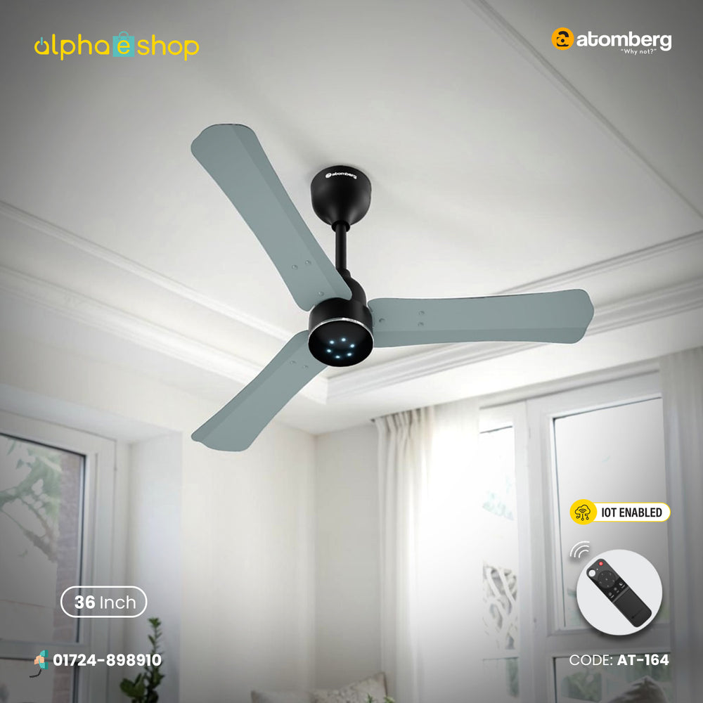 Atomberg Renesa Halo Smart 900mm BLDC ceiling fan in misty teal with remote, IoT enabled and LED indicators, from file AT-164_F.jpg.
