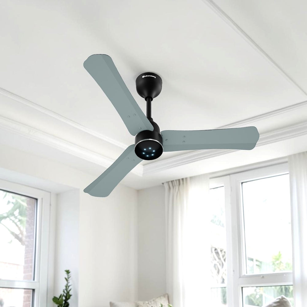 Atomberg Renesa Halo Smart 900mm BLDC ceiling fan in misty teal with LED indicators, shown in file AT-164_1 (1).jpg.