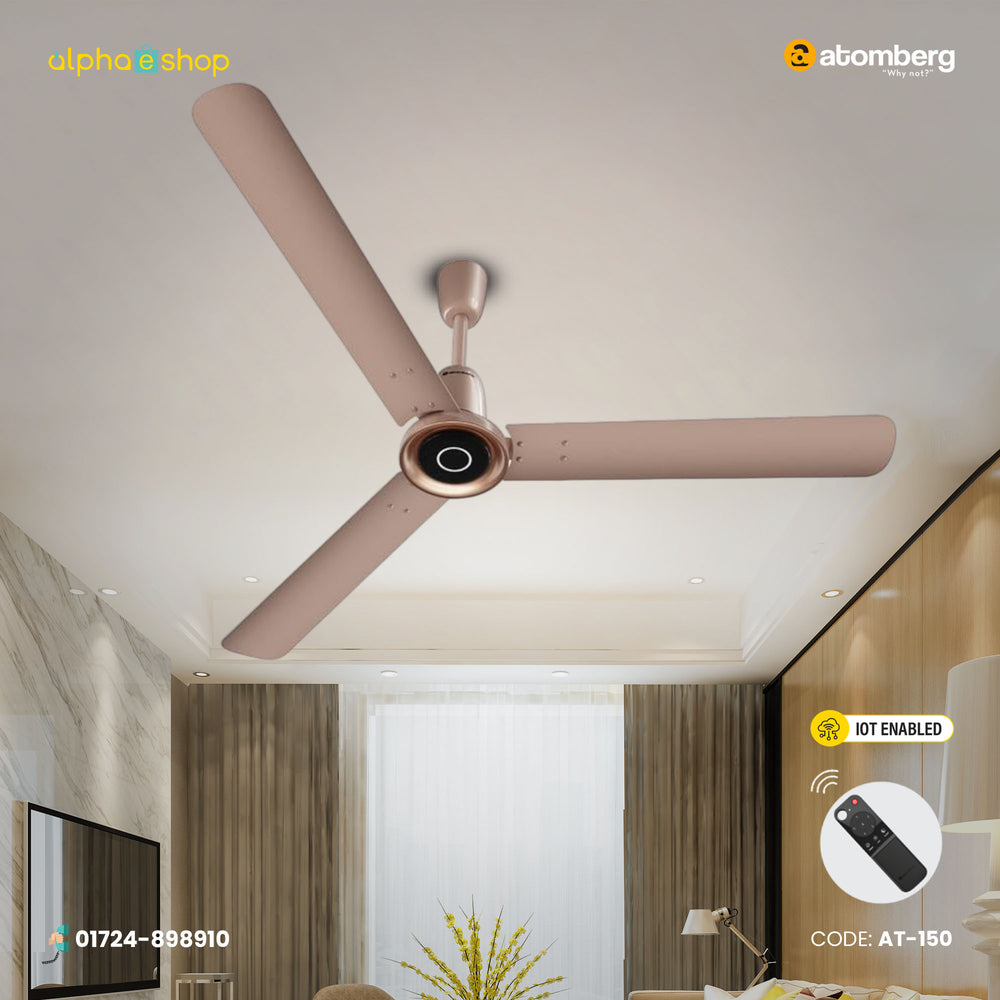 Atomberg Studio Nexus smart 1400mm BLDC ceiling fan in rose gold with IoT and remote control.