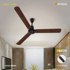Atomberg Studio Nexus smart 1400mm BLDC ceiling fan in wood finish with IoT and remote control.