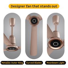 Atomberg Studio Nexus designer BLDC fan in Rose Gold featuring a metallic outer ring, curved blades, and an integrated moonbeam light.