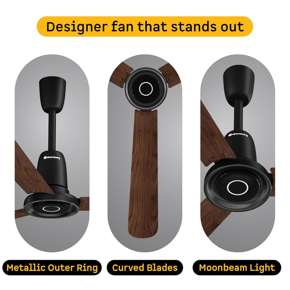 Atomberg Studio Nexus Smart 1400mm BLDC Ceiling Fan featuring a metallic outer ring, curved wood-finish blades, and moonbeam light.