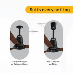 Atomberg Studio Nexus 1400mm Smart BLDC Ceiling Fan illustrating ceiling plate for low heights and top canopy for standard ceiling installations.