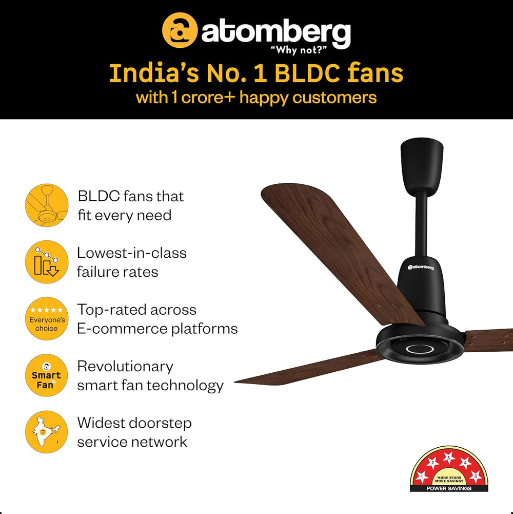 Atomberg Studio Nexus Smart 1400mm BLDC Ceiling Fan in black with wood finish blades, featuring smart IoT technology and 5-star power savings.