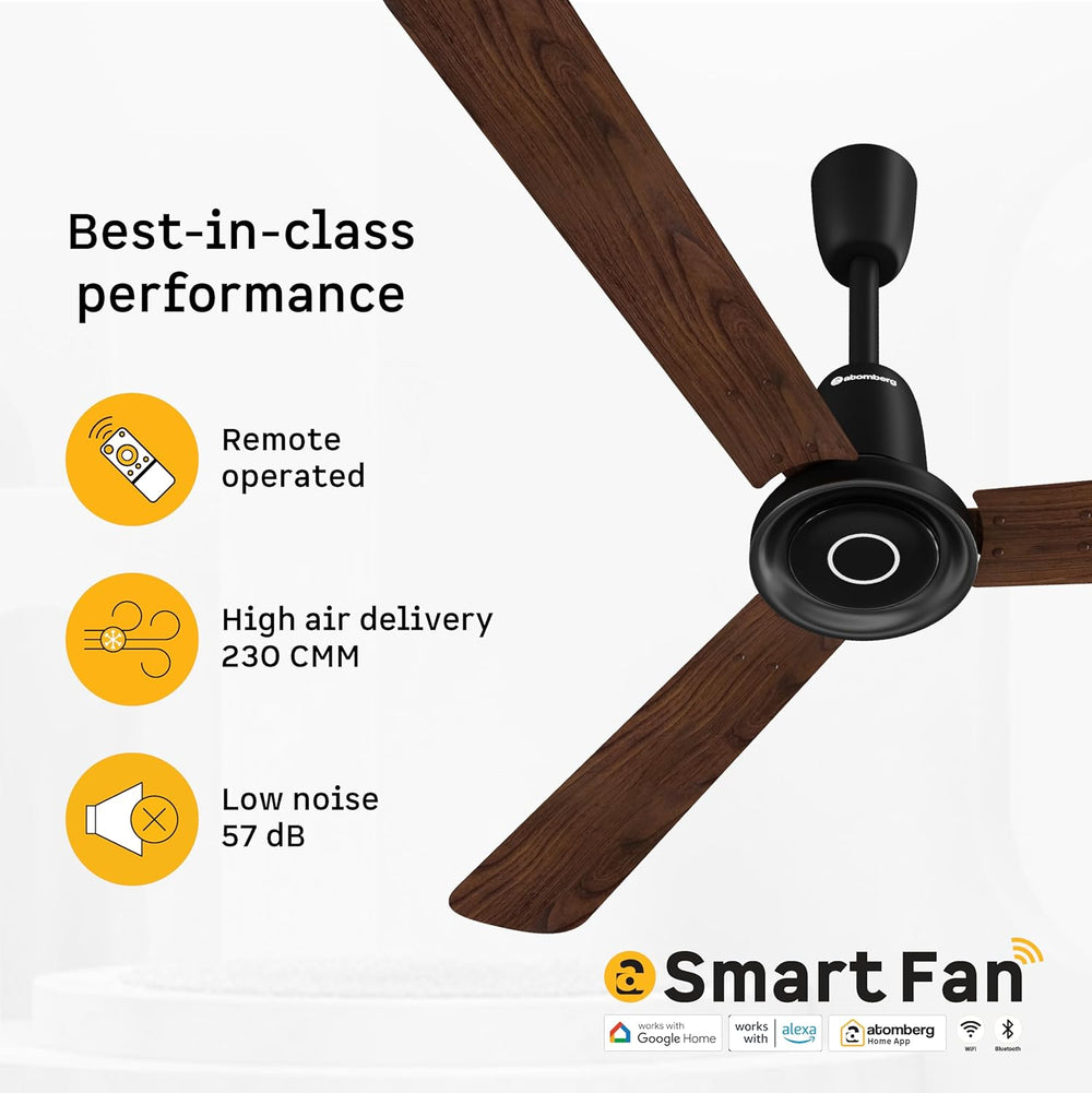 Atomberg Studio Nexus Smart 1400mm BLDC Ceiling Fan showing high air delivery of 230 CMM, low noise at 57 dB, and smart home connectivity.