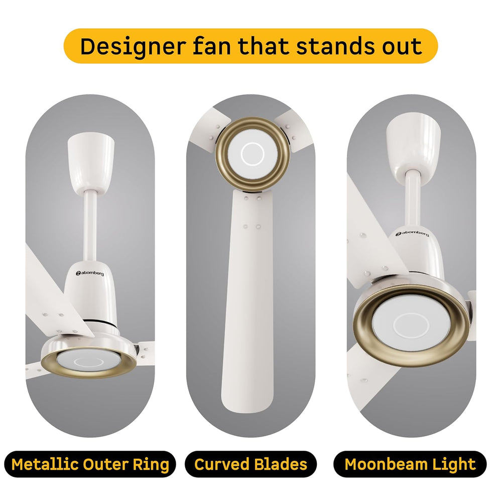 Atomberg Studio Nexus 1400mm Smart BLDC Ceiling Fan in Pearl White with metallic outer ring, curved blades, and moonbeam light feature.