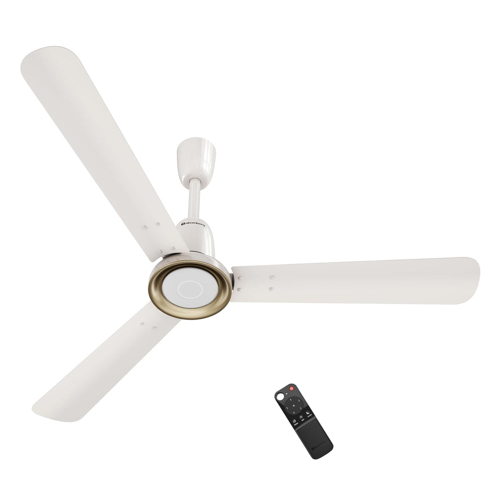 Atomberg Studio Nexus Smart 1400mm BLDC Ceiling Fan in Pearl White with metallic center ring and remote control.