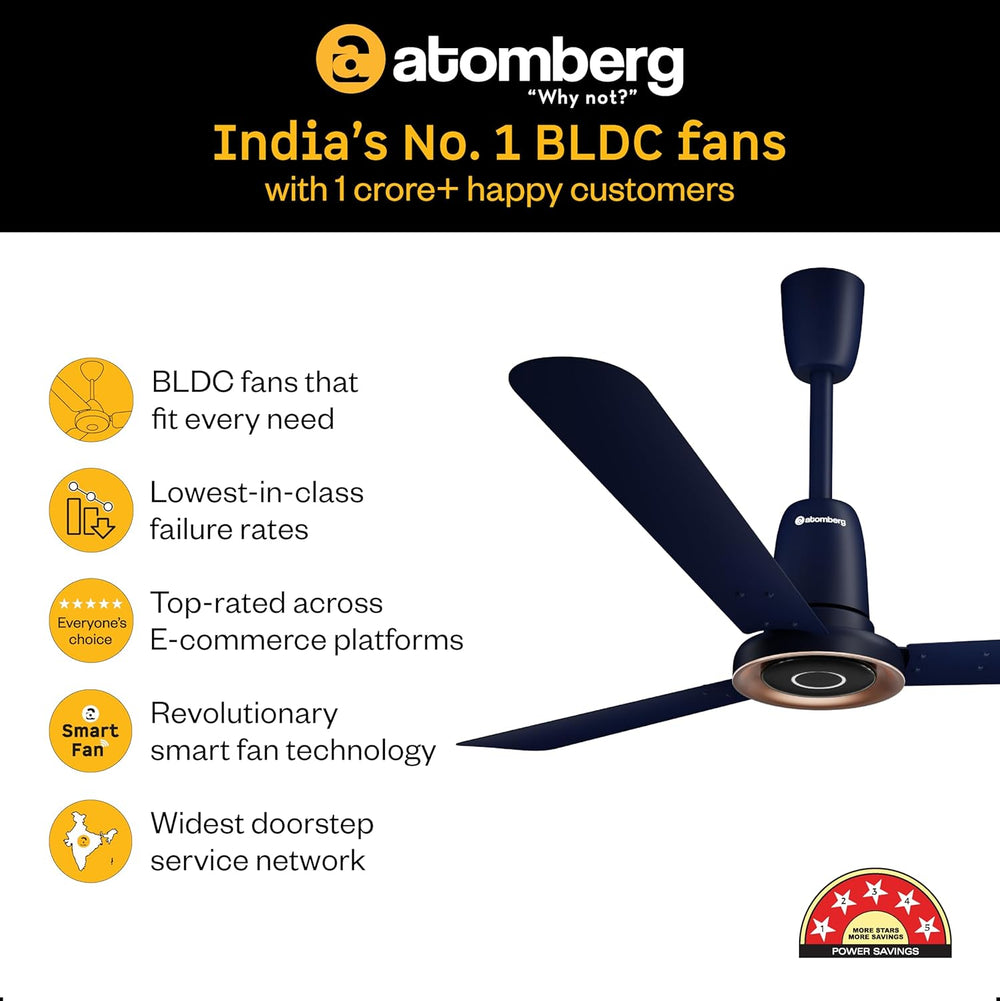 Atomberg Studio Nexus Smart 1400mm BLDC Ceiling Fan in Ritz Blue featuring smart IoT technology and 5-star power savings.