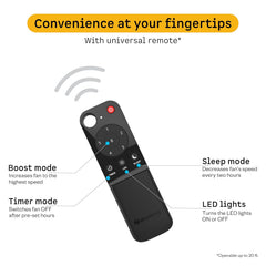 Atomberg Studio Nexus ceiling fan universal remote control featuring boost mode, timer, sleep mode, and LED light functions.