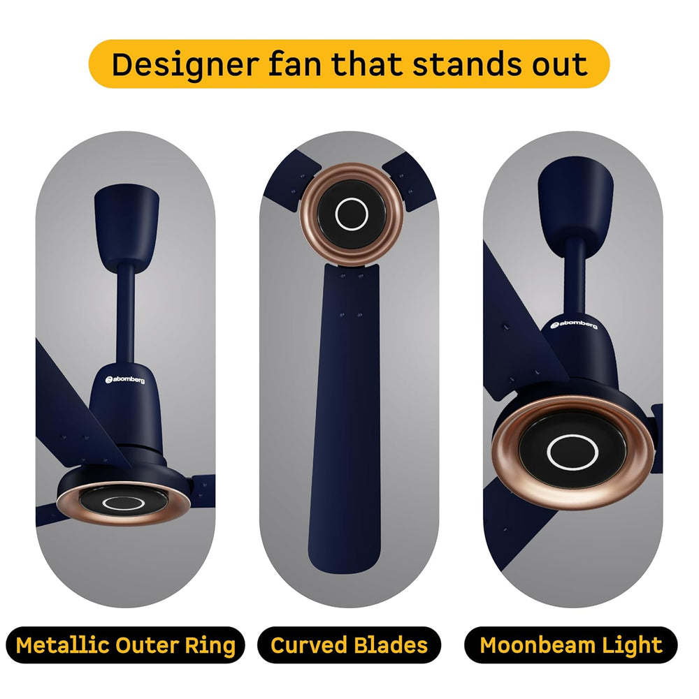 Atomberg Studio Nexus Smart 1400mm BLDC Ceiling Fan in Ritz Blue featuring a metallic outer ring, curved blades, and moonbeam light.