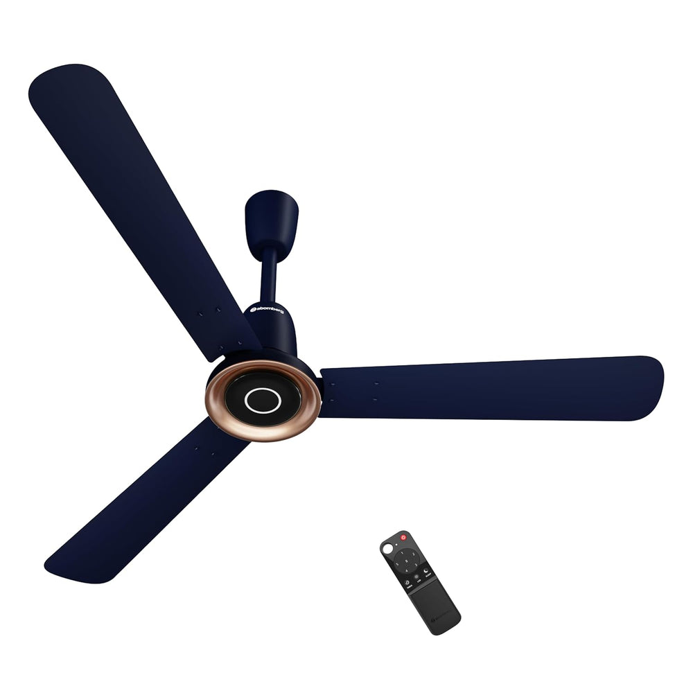 Atomberg Studio Nexus Smart 1400mm BLDC Ceiling Fan in Ritz Blue with metallic center ring and remote control.