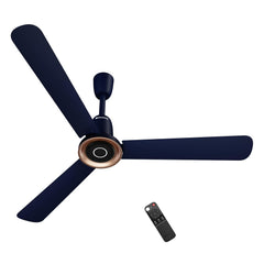 Atomberg Studio Nexus Smart 1400mm BLDC Ceiling Fan in Ritz Blue with metallic center ring and remote control.