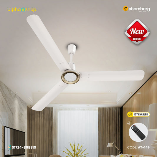 Atomberg Studio Nexus Smart 1400mm IoT enabled BLDC ceiling fan in Pearl White with gold trim, remote control, and model code AT-149.