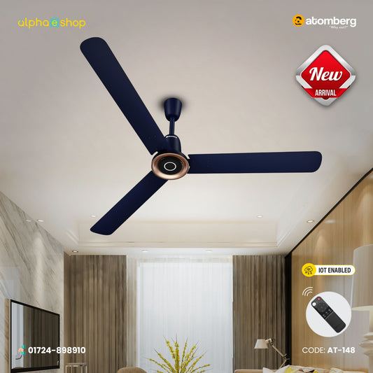 Atomberg Studio Nexus Smart 1400mm IoT enabled BLDC ceiling fan in Ritz Blue with metallic gold trim, remote control, and model code AT-148.