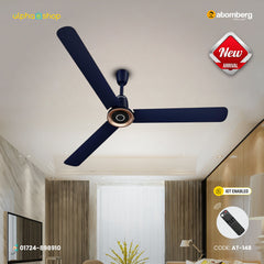 Atomberg Studio Nexus Smart 1400mm IoT enabled BLDC ceiling fan in Ritz Blue with metallic gold trim, remote control, and model code AT-148.