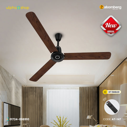 Atomberg Studio Nexus Smart 1400mm IoT enabled BLDC ceiling fan with a dark wood finish design, remote control, and model code AT-147.