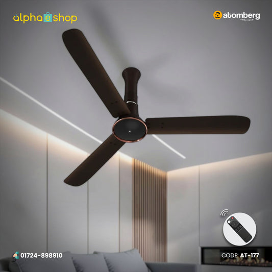 Atomberg Studio Ventra 1250mm BLDC ceiling fan in Blaze Brown with 3 blades and remote control, model AT-177.