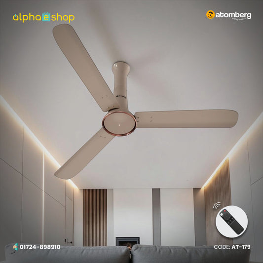 Atomberg Studio Ventra 1250mm BLDC ceiling fan in Creme Brulee with 3 blades, metallic trim and remote control.