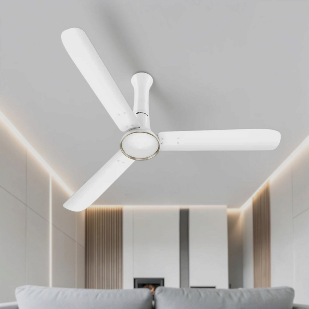 Atomberg Studio Ventra 1250mm BLDC ceiling fan in Snow White with 3 blades and modern low-noise design.
