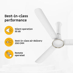 Atomberg Studio Ventra 1250mm BLDC ceiling fan in Snow White with 55 dB silent operation, 250 CMM air delivery and remote control.