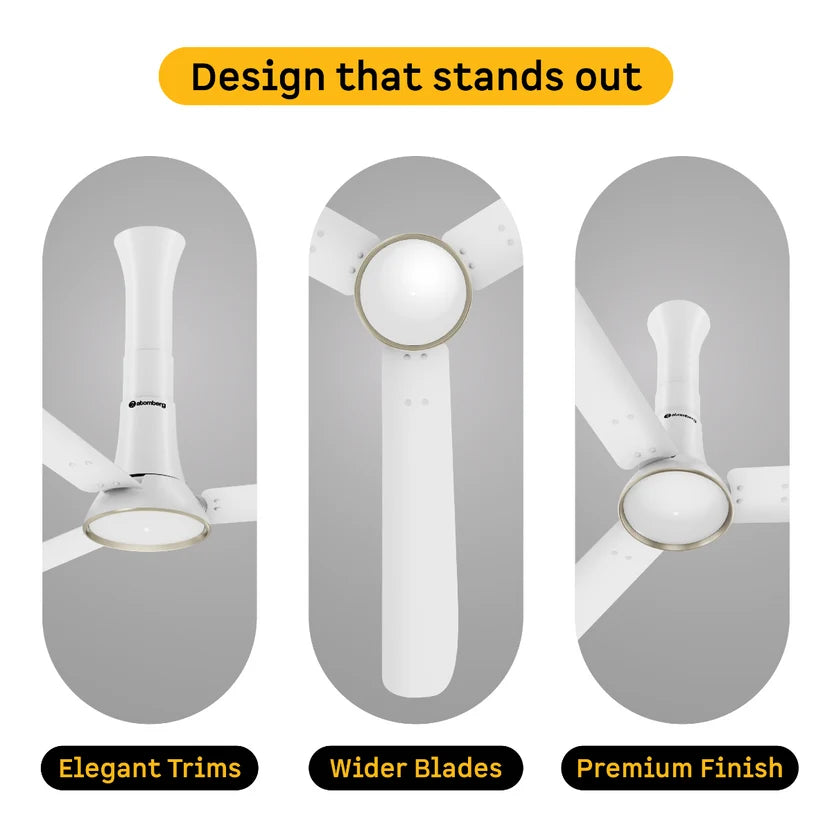 Atomberg Studio Ventra 1250mm BLDC ceiling fan in Snow White with elegant trims, wider blades and premium finish.