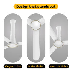 Atomberg Studio Ventra 1250mm BLDC ceiling fan in Snow White with elegant trims, wider blades and premium finish.
