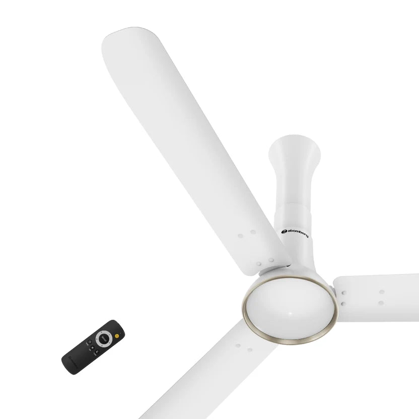 Atomberg Studio Ventra 1250mm BLDC ceiling fan in Snow White with 3 blades and remote control.