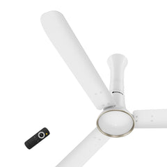 Atomberg Studio Ventra 1250mm BLDC ceiling fan in Snow White with 3 blades and remote control.