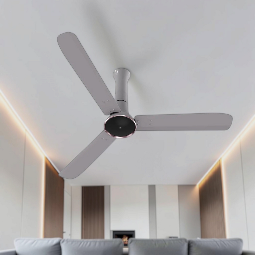 Atomberg Studio Ventra 1250mm BLDC ceiling fan in Urban Chrome with 3 blades and sleek modern design, model AT-176.