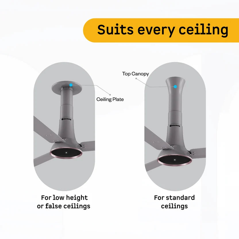 Atomberg Studio Ventra 1250mm BLDC fan in Urban Chrome with mounting options for low, false and standard ceilings, model AT-176.