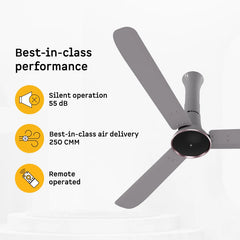 Atomberg Studio Ventra 1250mm BLDC fan in Urban Chrome with 250 CMM air delivery, 55 dB silent operation and remote control, model AT-176.