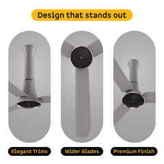 Atomberg Studio Ventra 1250mm BLDC fan in Urban Chrome with elegant trims, wider blades and premium finish, model AT-176.
