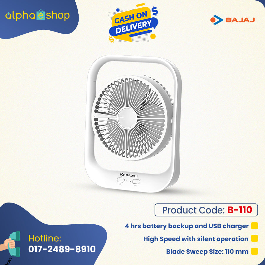 BAJAJ Pygmy Personal Rechargeable Desk Fan with LED Light (White) B11