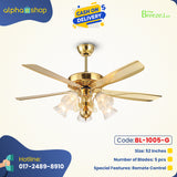 Breezelux Alpha 52" Artistically Crafted Traditional Design Decorative Silent Under Light Remote Ceiling Fan  (Golden) BL-1005-G
