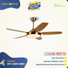 Breezelux Alpha 52" Modern Decorative Silent  ABS Blade Underlight with Remote Ceiling Fan (Wood Grain)  BL-1537-G