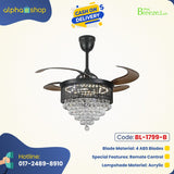 Breezelux Alpha 48" Crystal  Retractable Luxury Decorative Silent Underlight Invisible Blade Chandelier with Remote Ceiling Fan (Black) BL-1799-B