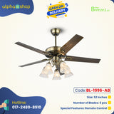 Breezelux  Alpha 52" Artistically Crafted Traditional Decorative Silent Under Light Remote Ceiling Fan ( Antique Copper ) BL-1996-AB