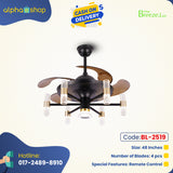 Breezelux Alpha 48" Elegant Modern Retractable Luxury Decorative Silent Underlight Invisible Blade Chandelier with Remote Ceiling Fan (Black & Coffee) BL-2519