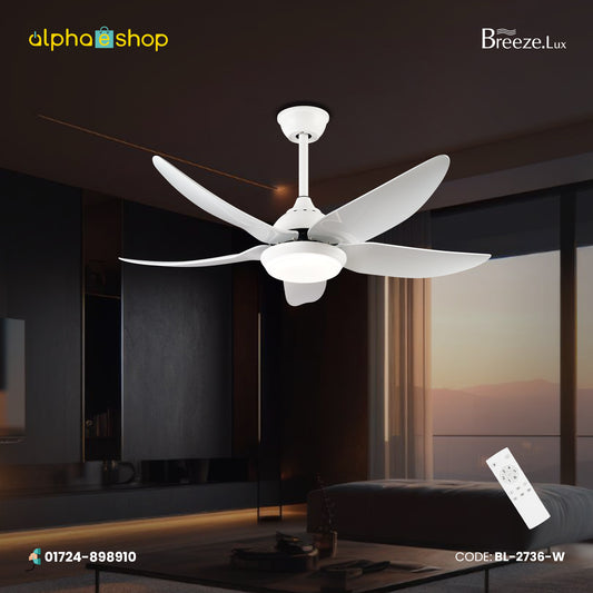 Breezelux Alpha 48" Modern Decorative Silent ABS Blade Underlight with Remote Ceiling Fan (White) BL-2736-W