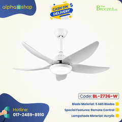 Breezelux Alpha 48" Modern Decorative Silent ABS Blade Underlight with Remote Ceiling Fan (White) BL-2736-W
