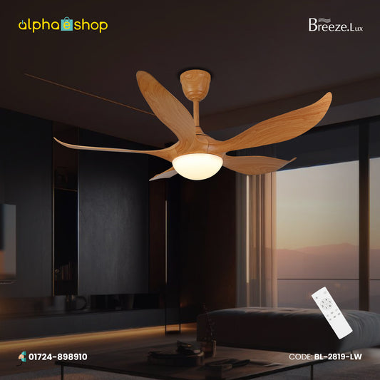 Breezelux Alpha 52" Modern Decorative Silent ABS Blade Underlight with Remote Ceiling Fan (Light Wood Grain) BL-2819-LW