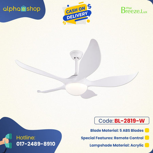 Breezelux Alpha 52" Modern Decorative Silent ABS Blade Underlight with Remote Ceiling Fan (White) BL-2819-W