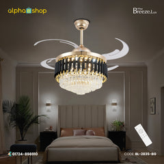 Breezelux 48" Crystal Retractable Luxury Decorative Silent Underlight Invisible Blade Chandelier with Remote Ceiling Fan (Black/Golden) BL-2835-BG