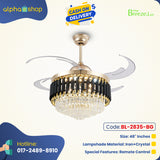 Breezelux Alpha 48" Crystal Retractable Luxury Decorative Silent Underlight Invisible Blade Chandelier with Remote Ceiling Fan (Black/Golden) BL-2835-BG