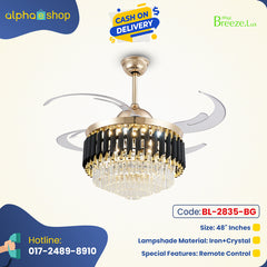 Breezelux 48" Crystal Retractable Luxury Decorative Silent Underlight Invisible Blade Chandelier with Remote Ceiling Fan (Black/Golden) BL-2835-BG