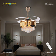 Breezelux 48" Crystal Retractable Luxury Decorative Silent Underlight Invisible Blade Chandelier with Remote Ceiling Fan (Golden) BL-2835-G